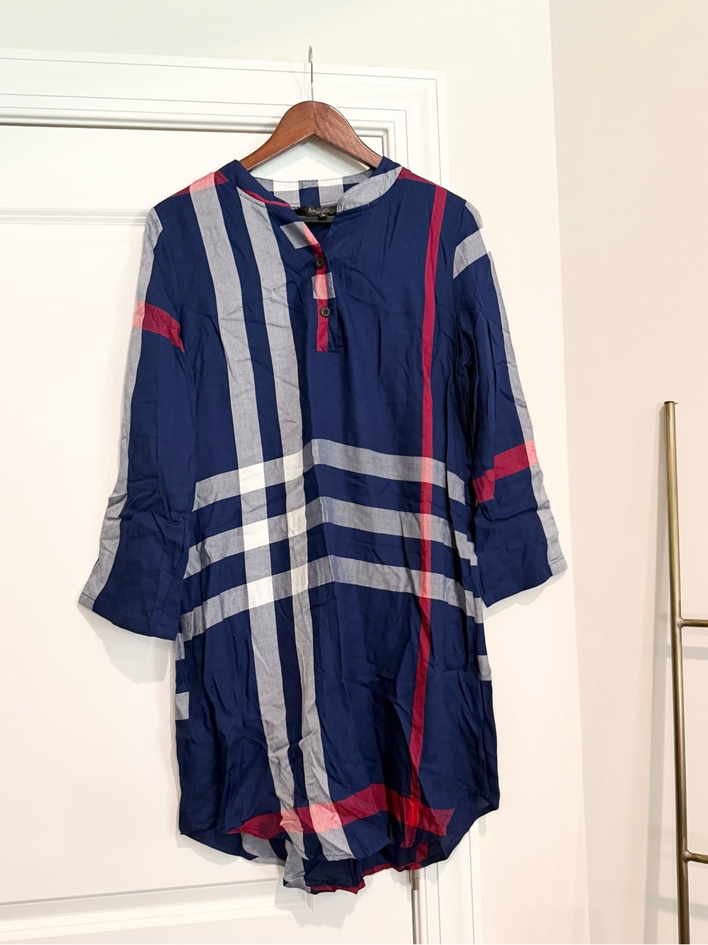 Amaryllis Navy Blue Plaid Long Sleeve Dress with Red and Gray Stripes